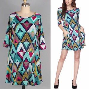 Chevron 3/4 Sleeve Tunic Dress With Pocket